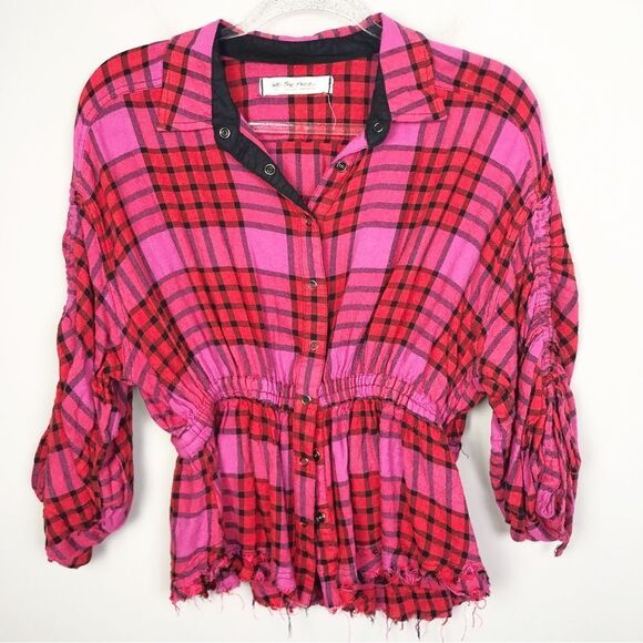 FREE PEOPLE | Pacific Dawn Red Pink Black Cinched Plaid Flannel Top Women’s S - Picture 4 of 11